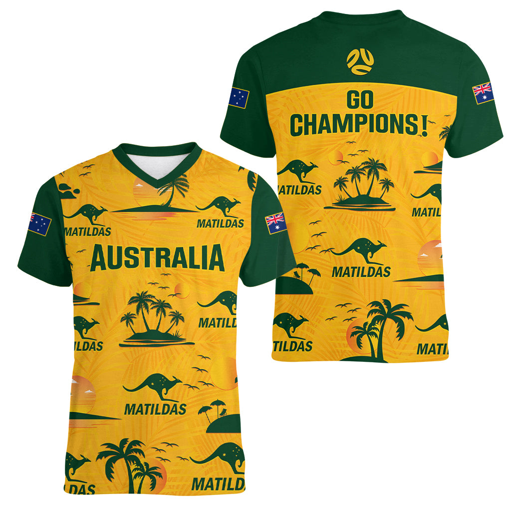 Australia Soccer Women V Neck T Shirt Matildas World Cup 2023 Tropical Style - Wonder Print Shop