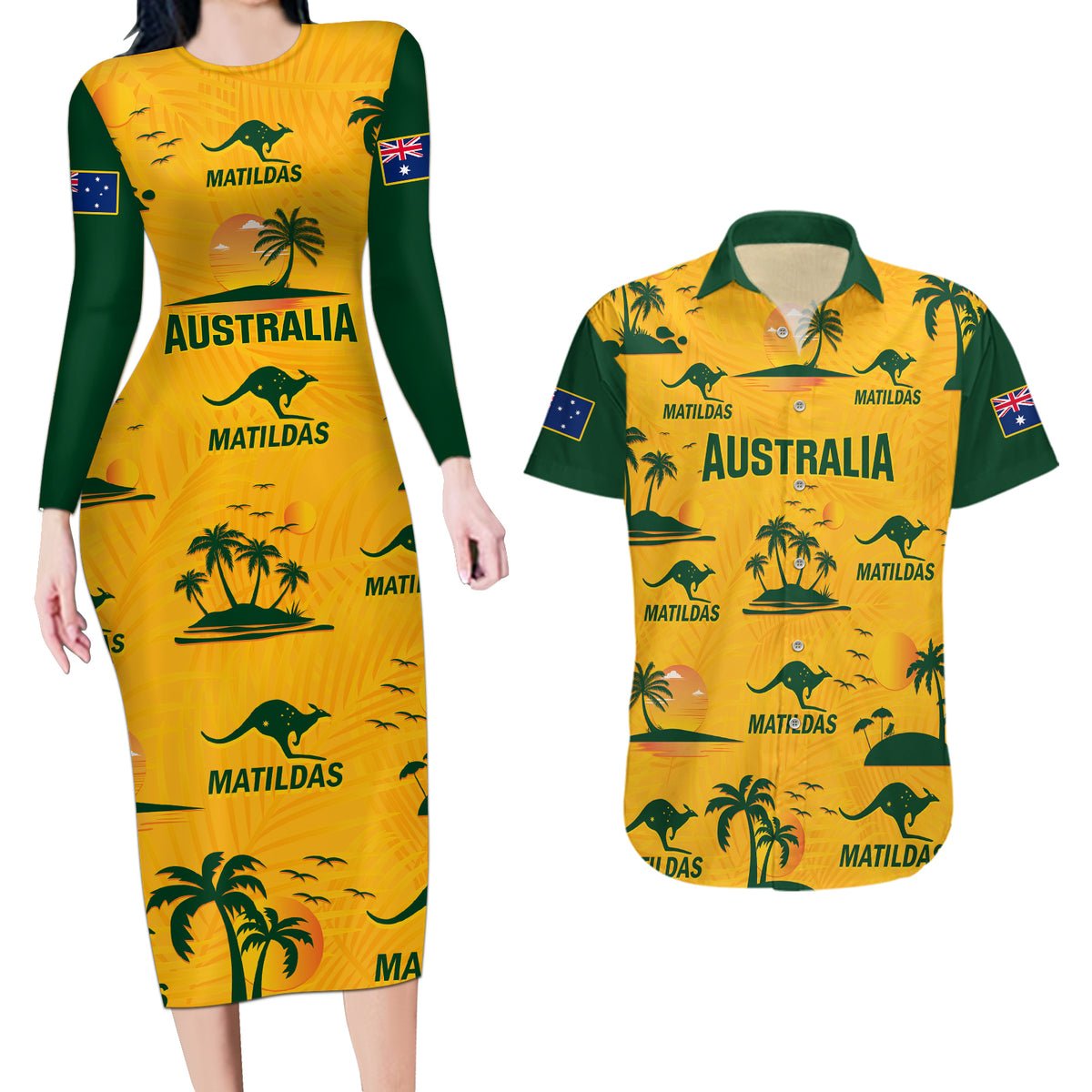 Custom Australia Soccer Couples Matching Long Sleeve Bodycon Dress and Hawaiian Shirt Matildas World Cup 2023 Tropical Style - Wonder Print Shop