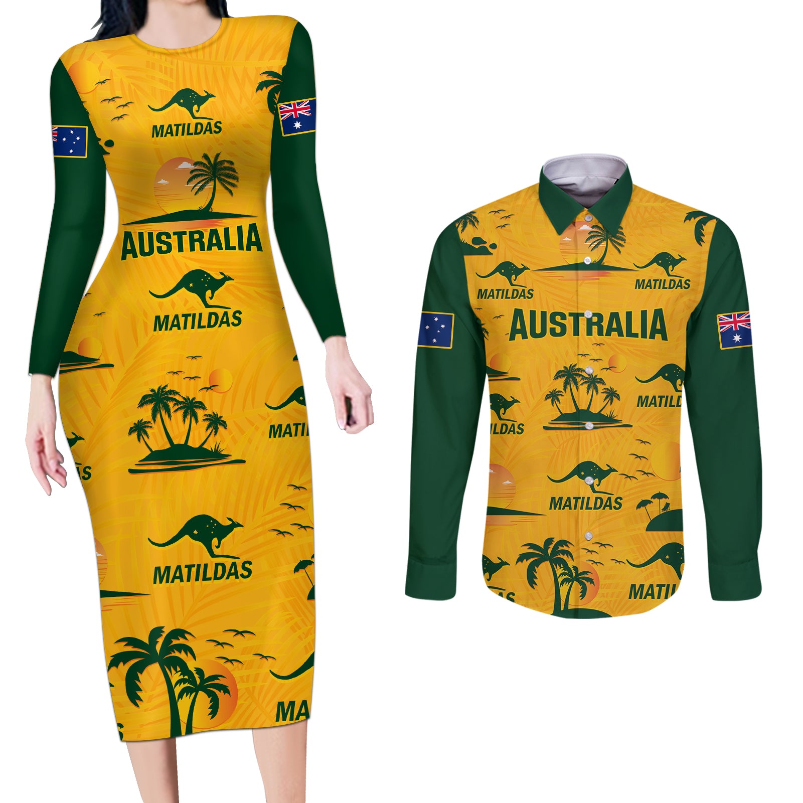 Custom Australia Soccer Couples Matching Long Sleeve Bodycon Dress and Long Sleeve Button Shirts Matildas World Cup 2023 Tropical Style - Wonder Print Shop