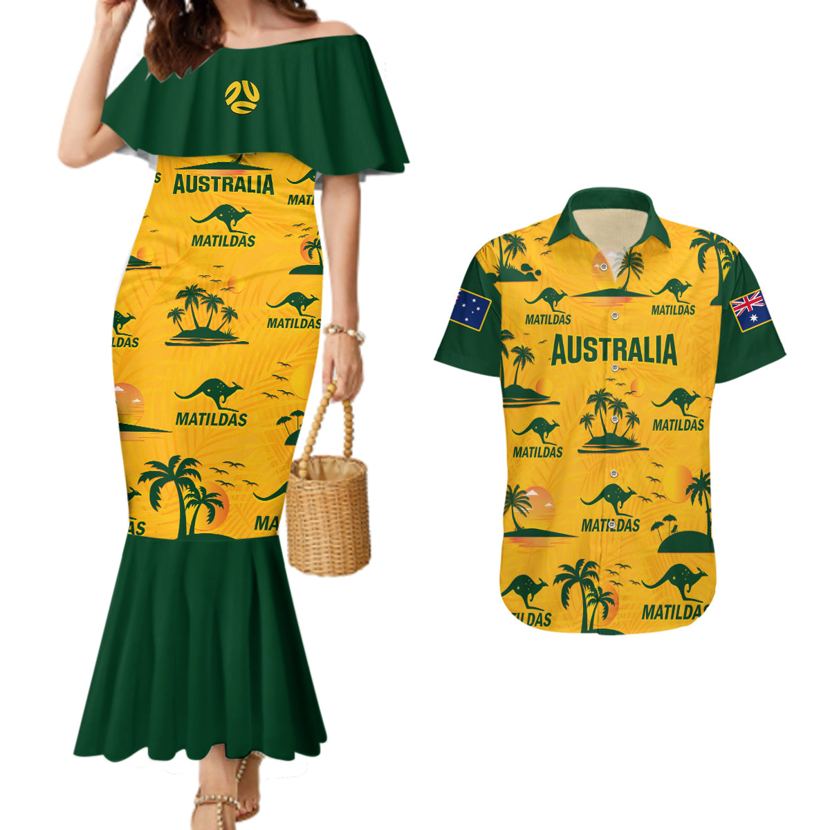 Custom Australia Soccer Couples Matching Mermaid Dress and Hawaiian Shirt Matildas World Cup 2023 Tropical Style - Wonder Print Shop