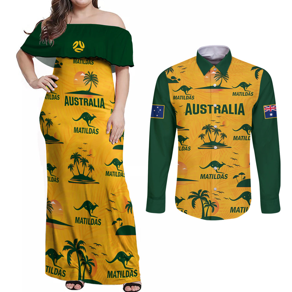 Custom Australia Soccer Couples Matching Off Shoulder Maxi Dress and Long Sleeve Button Shirts Matildas World Cup 2023 Tropical Style - Wonder Print Shop