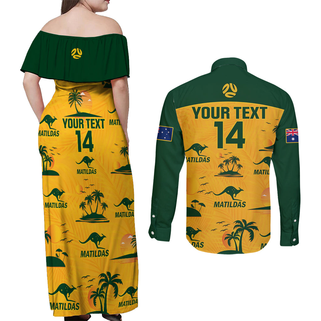 Custom Australia Soccer Couples Matching Off Shoulder Maxi Dress and Long Sleeve Button Shirts Matildas World Cup 2023 Tropical Style - Wonder Print Shop
