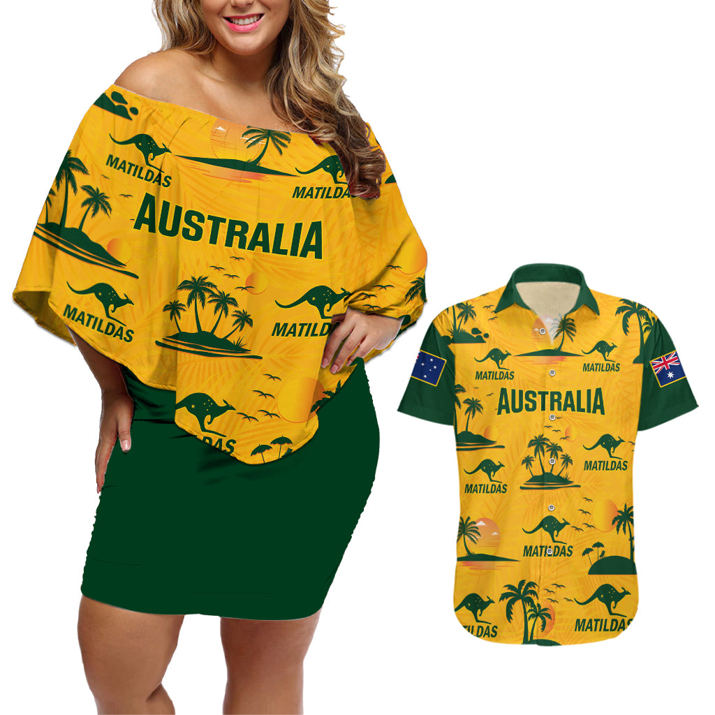 Custom Australia Soccer Couples Matching Off Shoulder Short Dress and Hawaiian Shirt Matildas World Cup 2023 Tropical Style - Wonder Print Shop