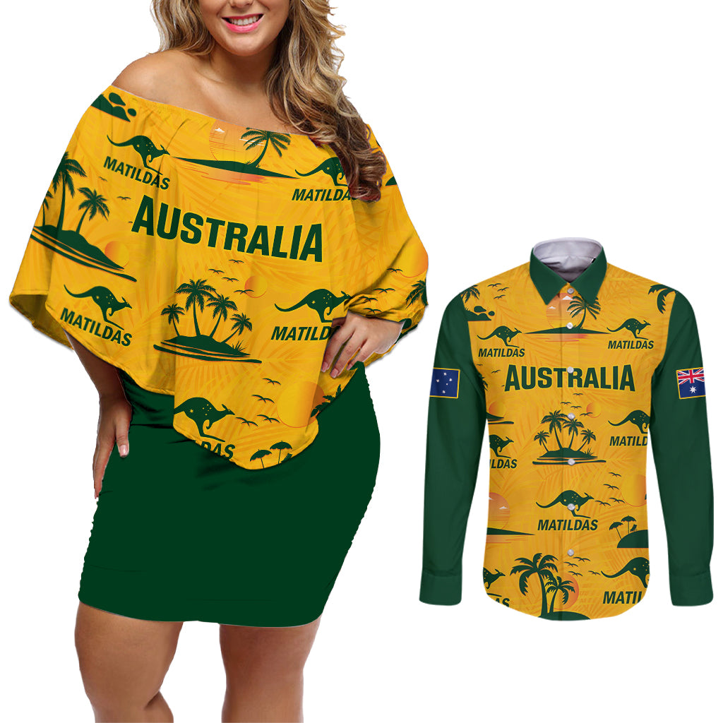 Custom Australia Soccer Couples Matching Off Shoulder Short Dress and Long Sleeve Button Shirts Matildas World Cup 2023 Tropical Style - Wonder Print Shop