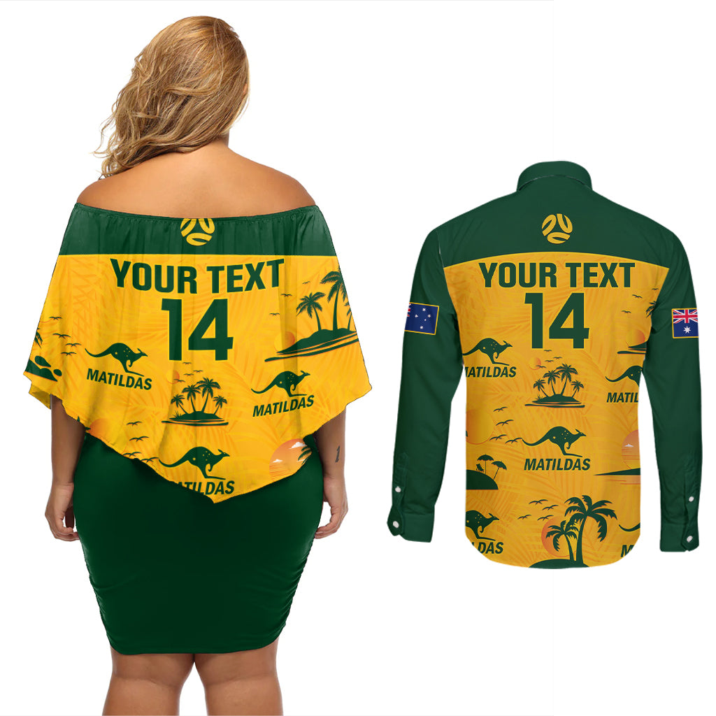 Custom Australia Soccer Couples Matching Off Shoulder Short Dress and Long Sleeve Button Shirts Matildas World Cup 2023 Tropical Style - Wonder Print Shop
