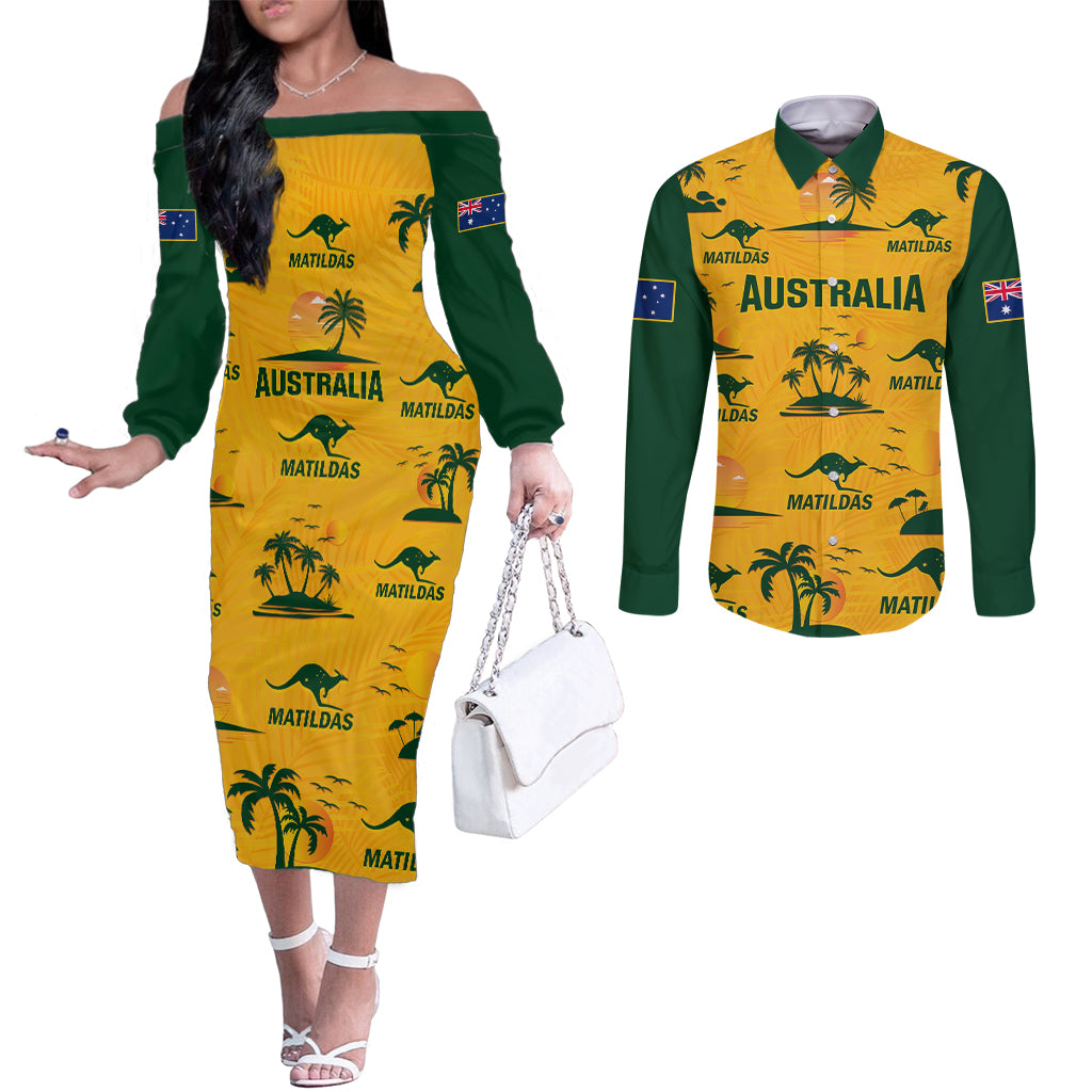 custom-australia-soccer-couples-matching-off-the-shoulder-long-sleeve-dress-and-long-sleeve-button-shirts-matildas-world-cup-2023-tropical-style