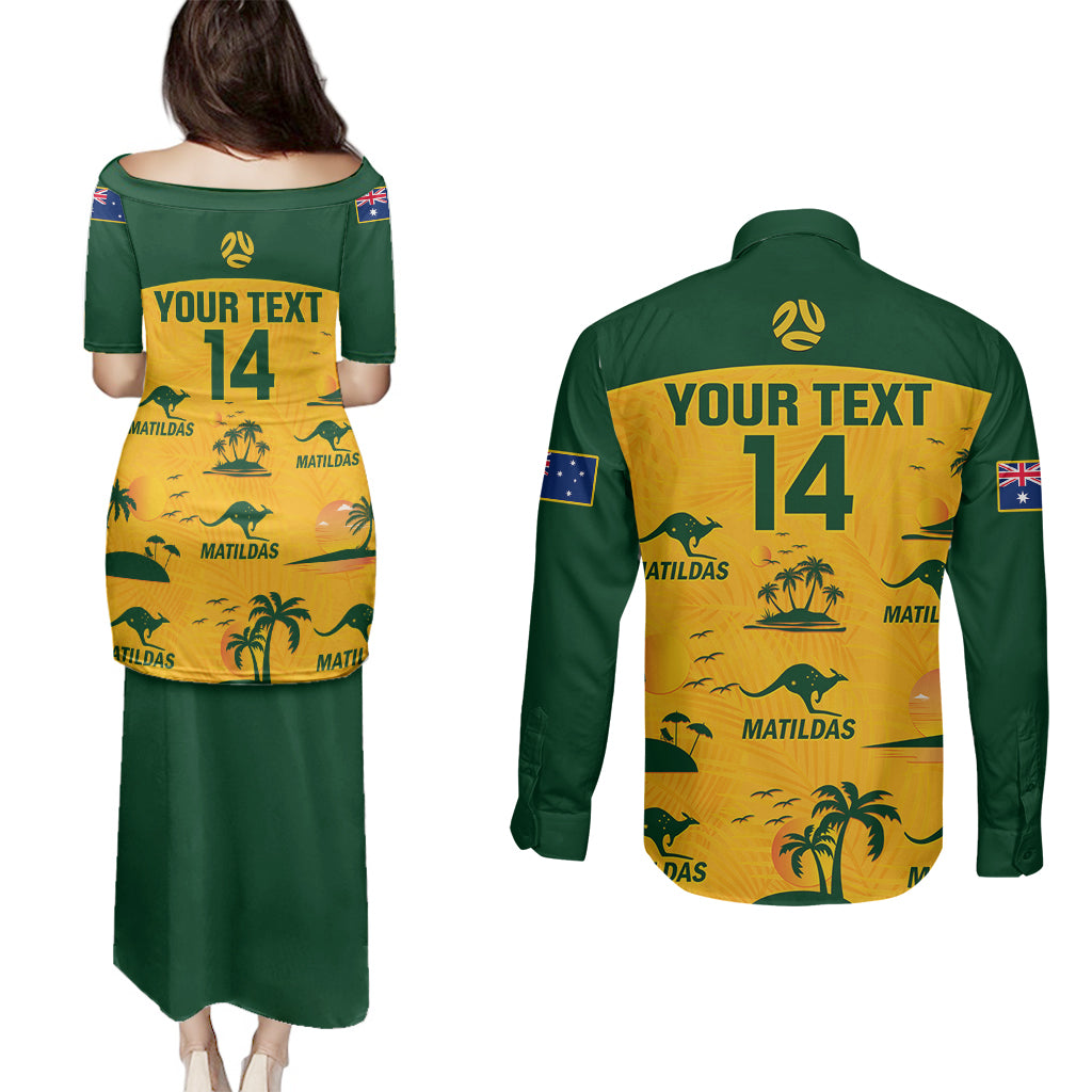 Custom Australia Soccer Couples Matching Puletasi Dress and Long Sleeve Button Shirts Matildas World Cup 2023 Tropical Style - Wonder Print Shop