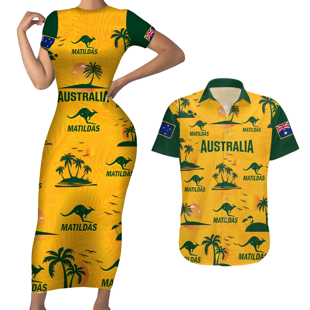 Custom Australia Soccer Couples Matching Short Sleeve Bodycon Dress and Hawaiian Shirt Matildas World Cup 2023 Tropical Style - Wonder Print Shop