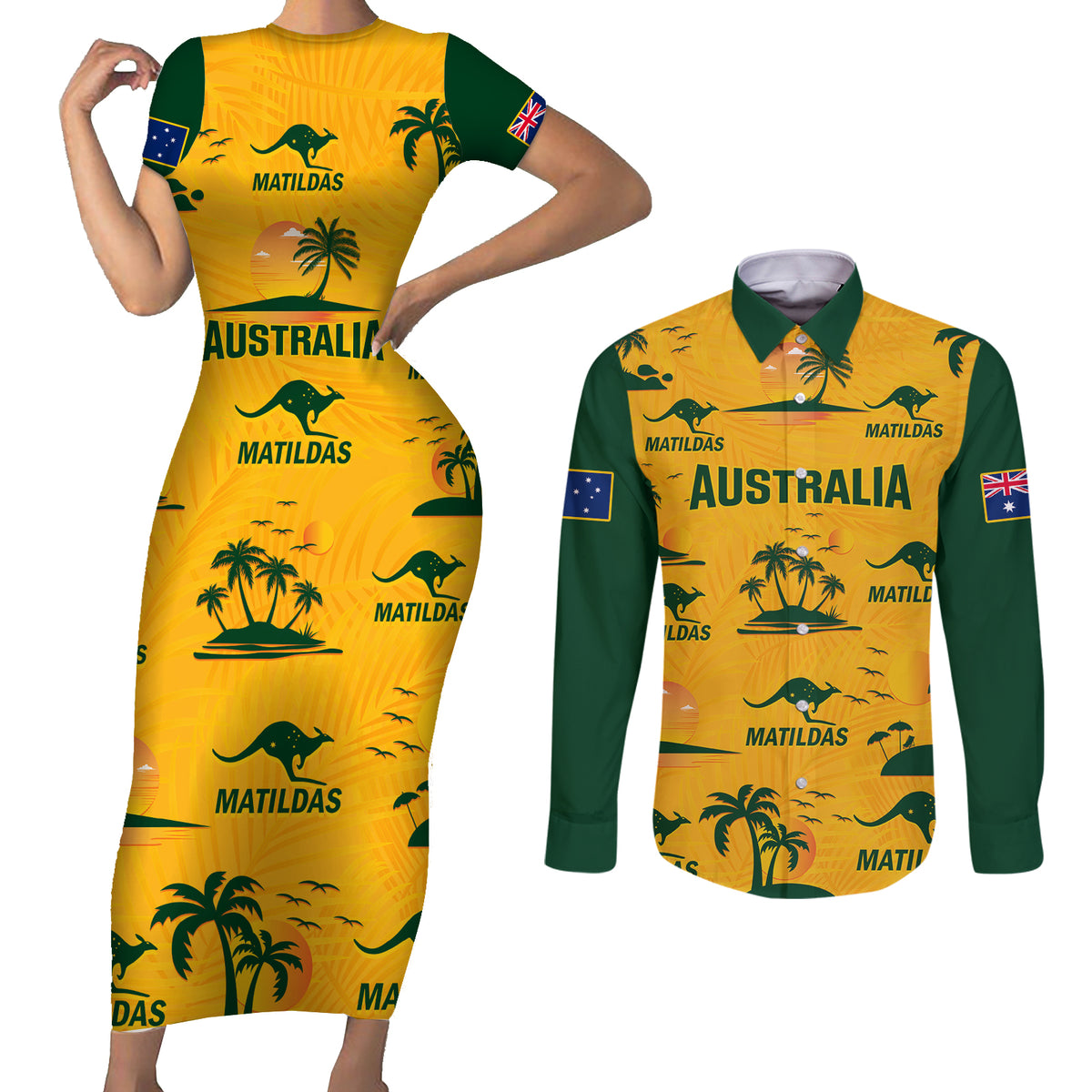 Custom Australia Soccer Couples Matching Short Sleeve Bodycon Dress and Long Sleeve Button Shirts Matildas World Cup 2023 Tropical Style - Wonder Print Shop