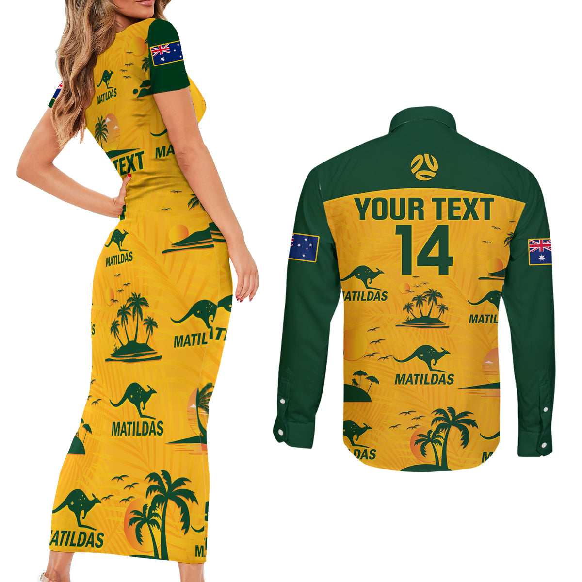 Custom Australia Soccer Couples Matching Short Sleeve Bodycon Dress and Long Sleeve Button Shirts Matildas World Cup 2023 Tropical Style - Wonder Print Shop