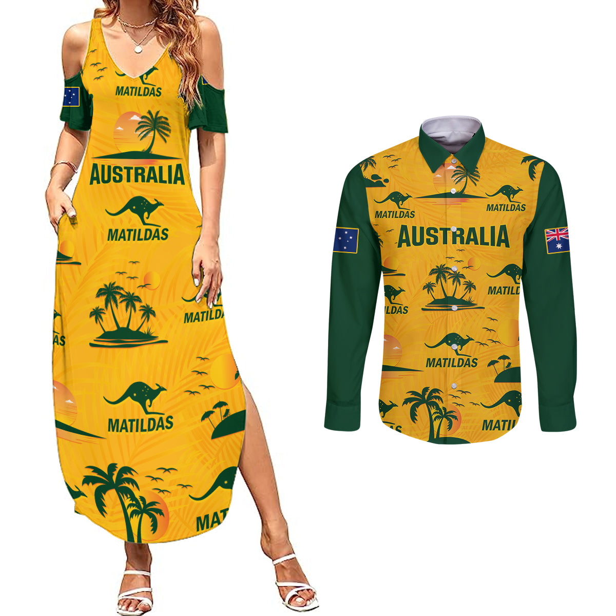 Custom Australia Soccer Couples Matching Summer Maxi Dress and Long Sleeve Button Shirts Matildas World Cup 2023 Tropical Style - Wonder Print Shop