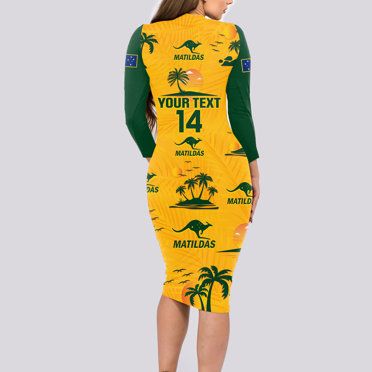 Custom Australia Soccer Long Sleeve Bodycon Dress Matildas World Cup 2023 Tropical Style - Wonder Print Shop