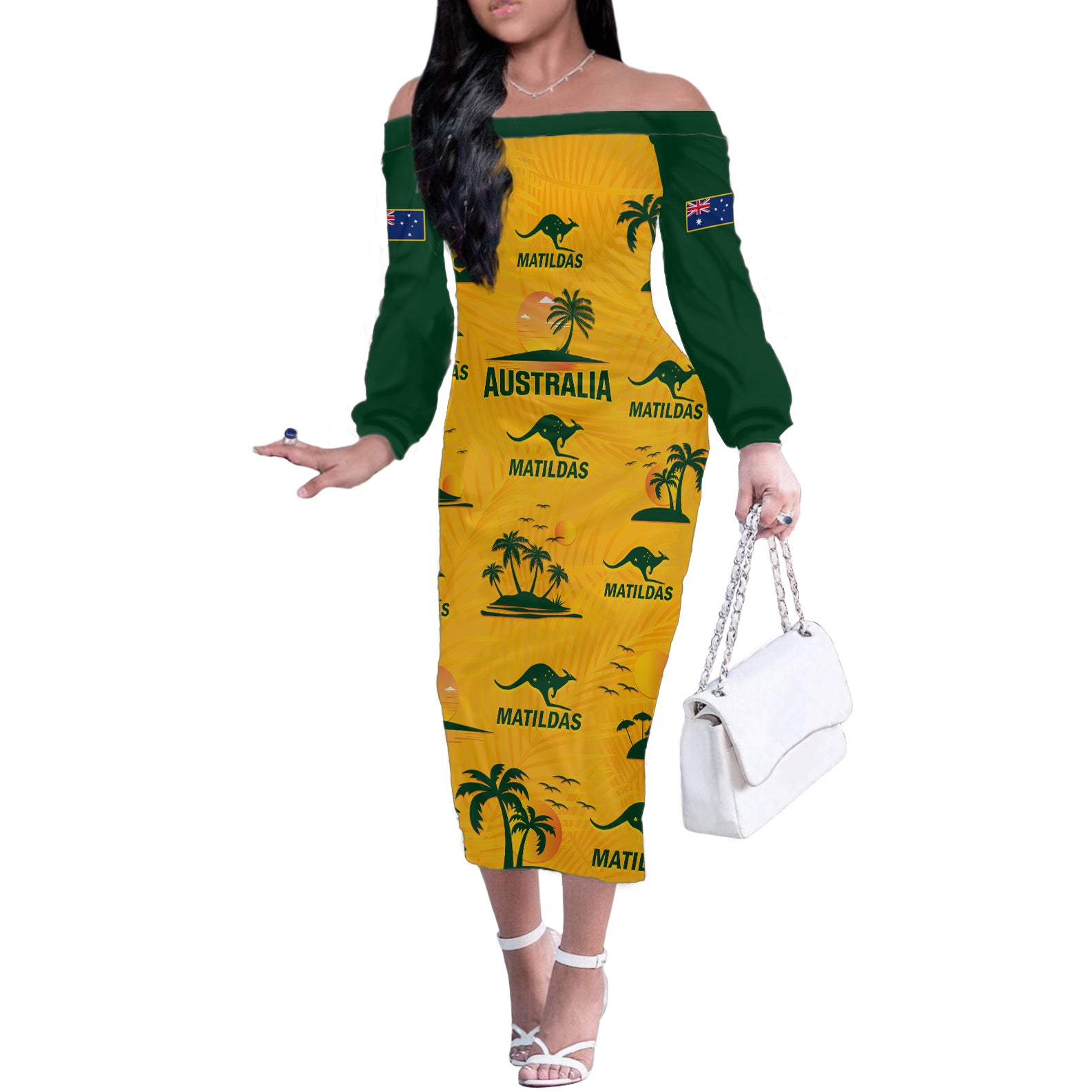 Custom Australia Soccer Off The Shoulder Long Sleeve Dress Matildas World Cup 2023 Tropical Style - Wonder Print Shop