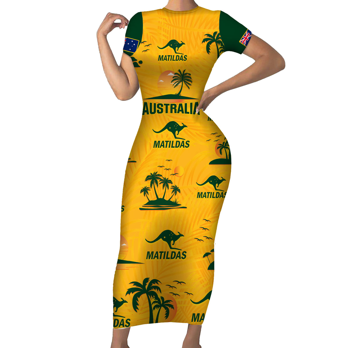 Custom Australia Soccer Short Sleeve Bodycon Dress Matildas World Cup 2023 Tropical Style - Wonder Print Shop