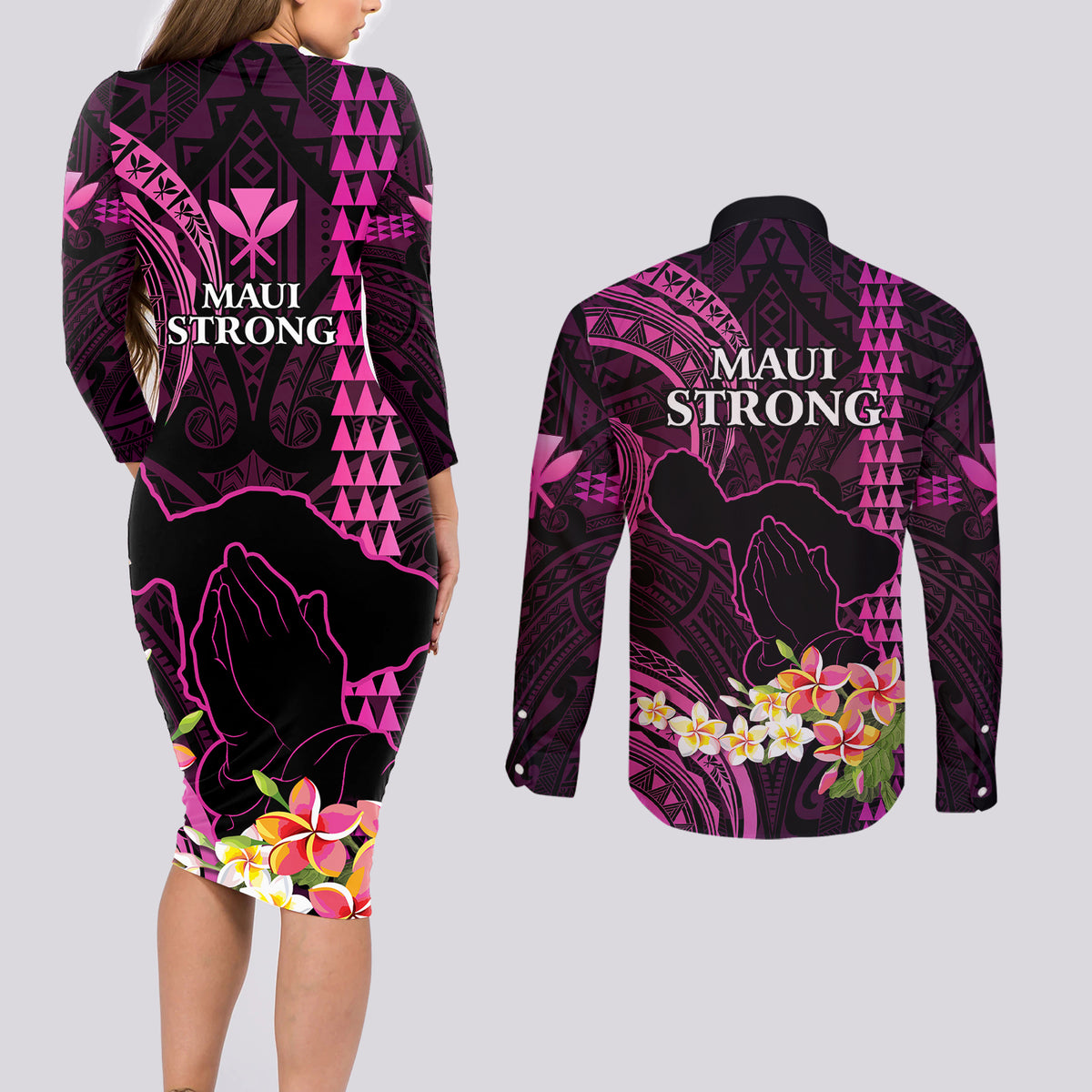 Hawaii Couples Matching Long Sleeve Bodycon Dress and Long Sleeve Button Shirts Pray For Maui Hawaiian Plumeria Be Strong Pink Verison - Wonder Print Shop
