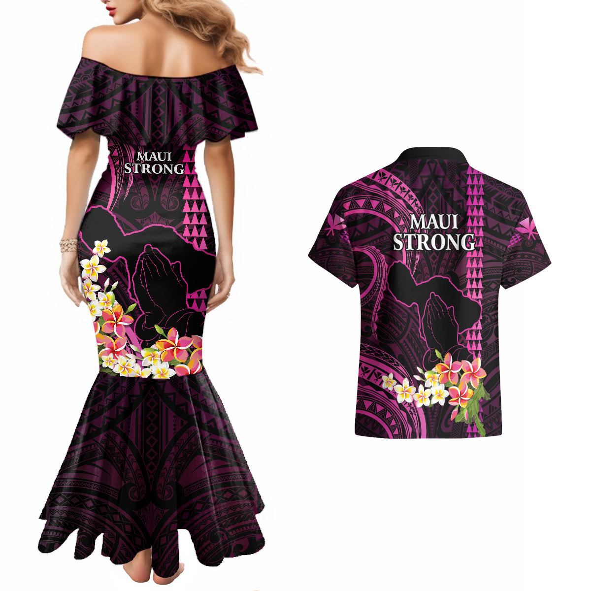 Hawaii Couples Matching Mermaid Dress and Hawaiian Shirt Pray For Maui Hawaiian Plumeria Be Strong Pink Verison - Wonder Print Shop