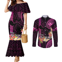 hawaii-couples-matching-mermaid-dress-and-long-sleeve-button-shirts-pray-for-maui-hawaiian-plumeria-be-strong-pink-verison