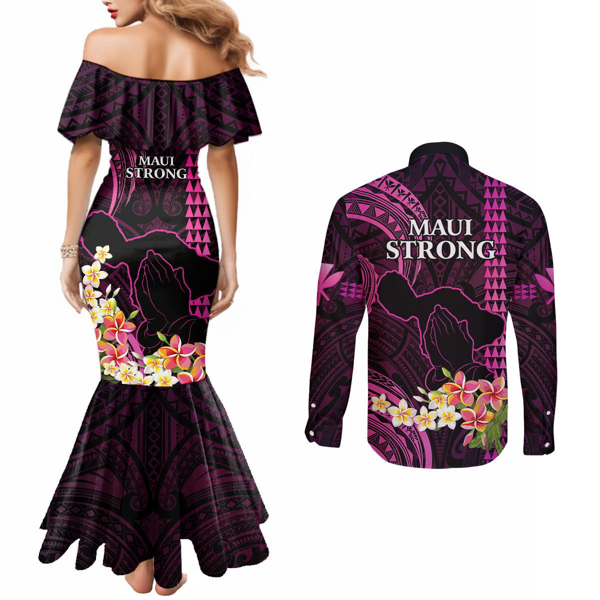 hawaii-couples-matching-mermaid-dress-and-long-sleeve-button-shirts-pray-for-maui-hawaiian-plumeria-be-strong-pink-verison