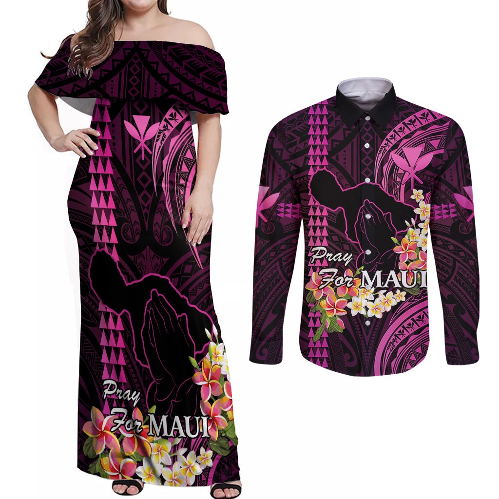Hawaii Couples Matching Off Shoulder Maxi Dress and Long Sleeve Button Shirts Pray For Maui Hawaiian Plumeria Be Strong Pink Verison - Wonder Print Shop