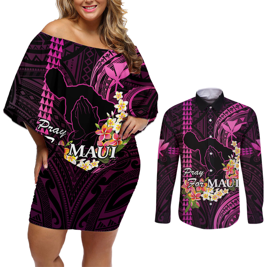 Hawaii Couples Matching Off Shoulder Short Dress and Long Sleeve Button Shirts Pray For Maui Hawaiian Plumeria Be Strong Pink Verison - Wonder Print Shop