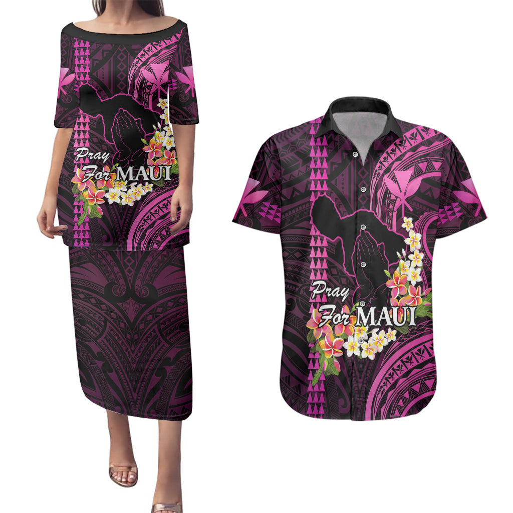 Hawaii Couples Matching Puletasi Dress and Hawaiian Shirt Pray For Maui Hawaiian Plumeria Be Strong Pink Verison - Wonder Print Shop