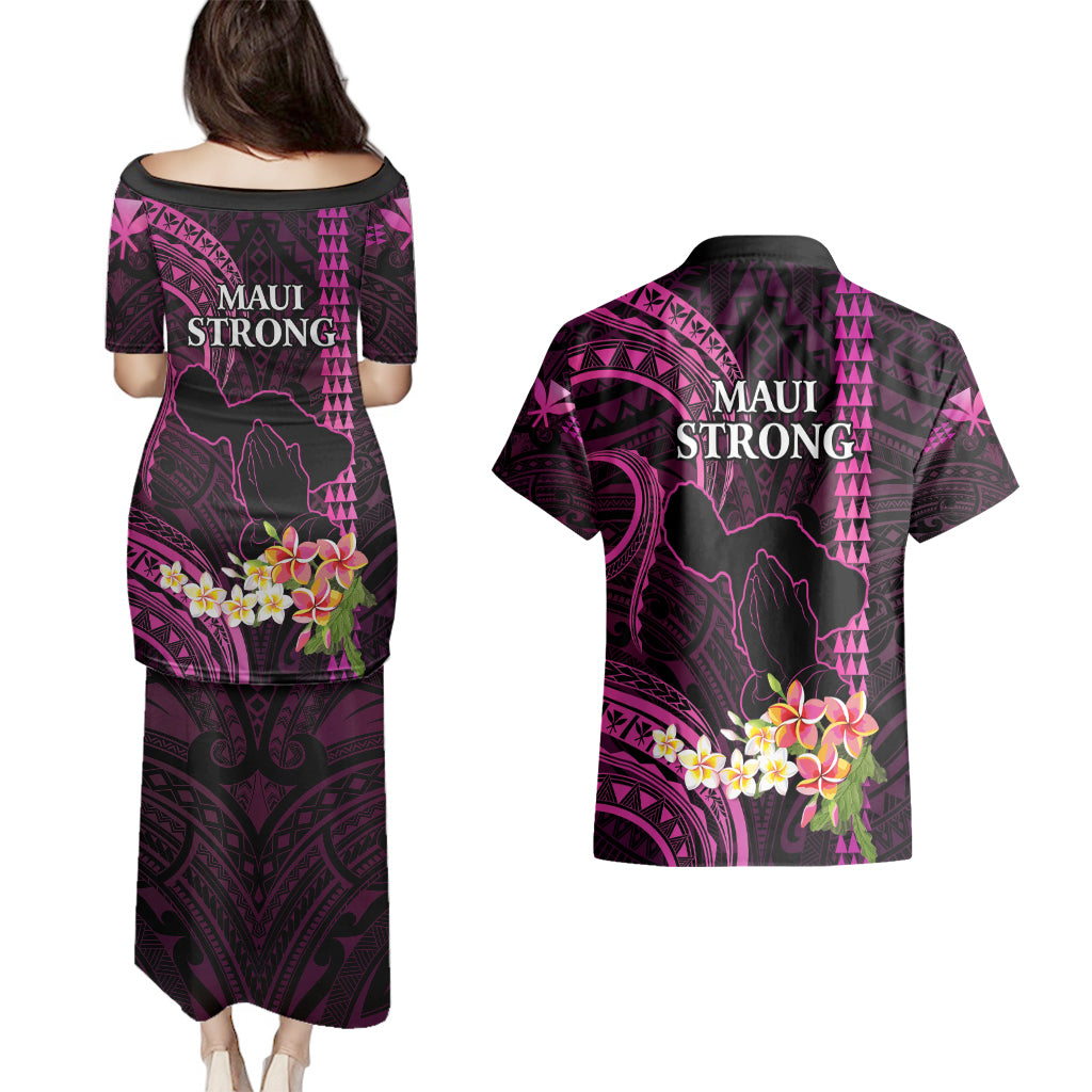 Hawaii Couples Matching Puletasi Dress and Hawaiian Shirt Pray For Maui Hawaiian Plumeria Be Strong Pink Verison - Wonder Print Shop