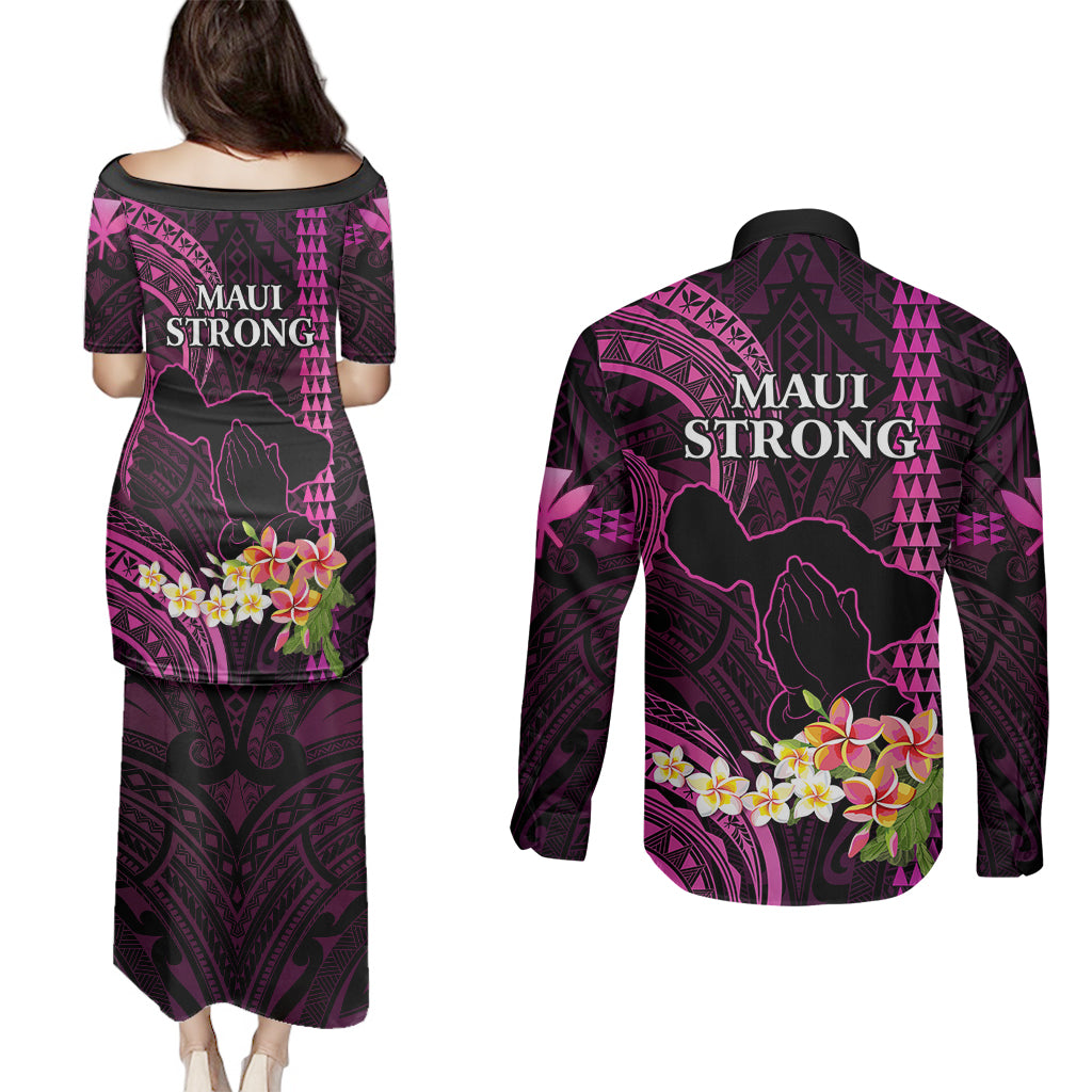 Hawaii Couples Matching Puletasi Dress and Long Sleeve Button Shirts Pray For Maui Hawaiian Plumeria Be Strong Pink Verison - Wonder Print Shop