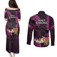 Hawaii Couples Matching Puletasi Dress and Long Sleeve Button Shirts Pray For Maui Hawaiian Plumeria Be Strong Pink Verison - Wonder Print Shop