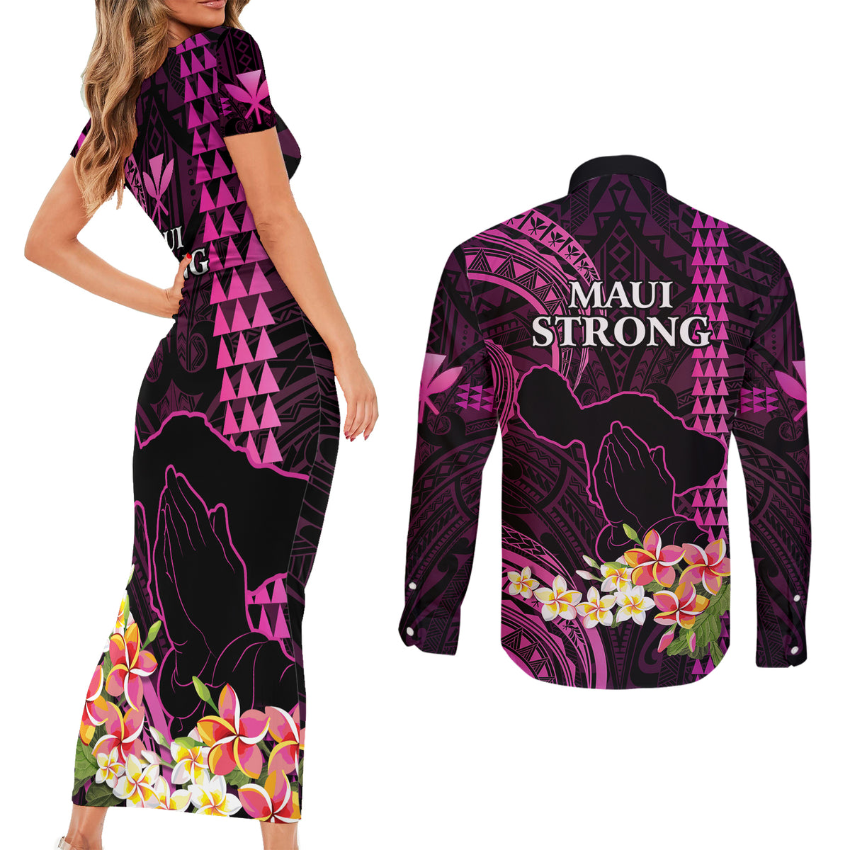 Hawaii Couples Matching Short Sleeve Bodycon Dress and Long Sleeve Button Shirts Pray For Maui Hawaiian Plumeria Be Strong Pink Verison - Wonder Print Shop
