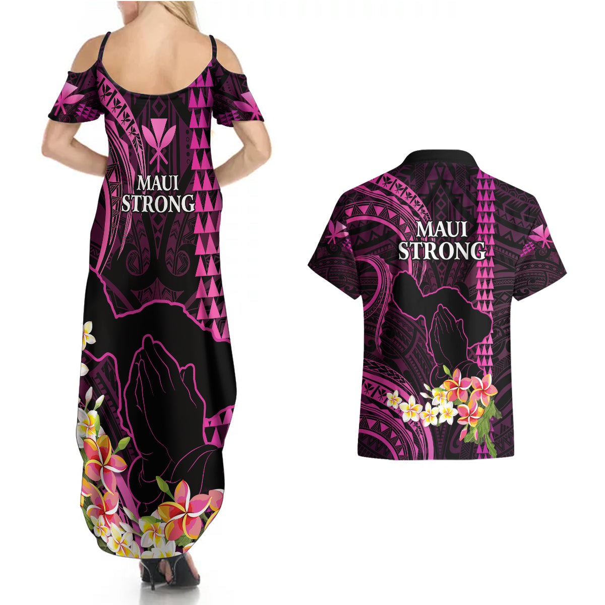 Hawaii Couples Matching Summer Maxi Dress and Hawaiian Shirt Pray For Maui Hawaiian Plumeria Be Strong Pink Verison - Wonder Print Shop
