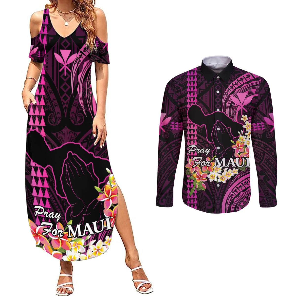 Hawaii Couples Matching Summer Maxi Dress and Long Sleeve Button Shirts Pray For Maui Hawaiian Plumeria Be Strong Pink Verison - Wonder Print Shop