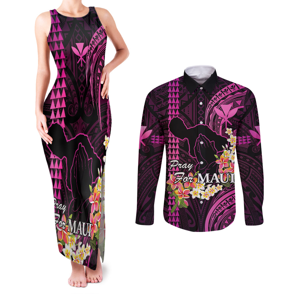 Hawaii Couples Matching Tank Maxi Dress and Long Sleeve Button Shirts Pray For Maui Hawaiian Plumeria Be Strong Pink Verison - Wonder Print Shop