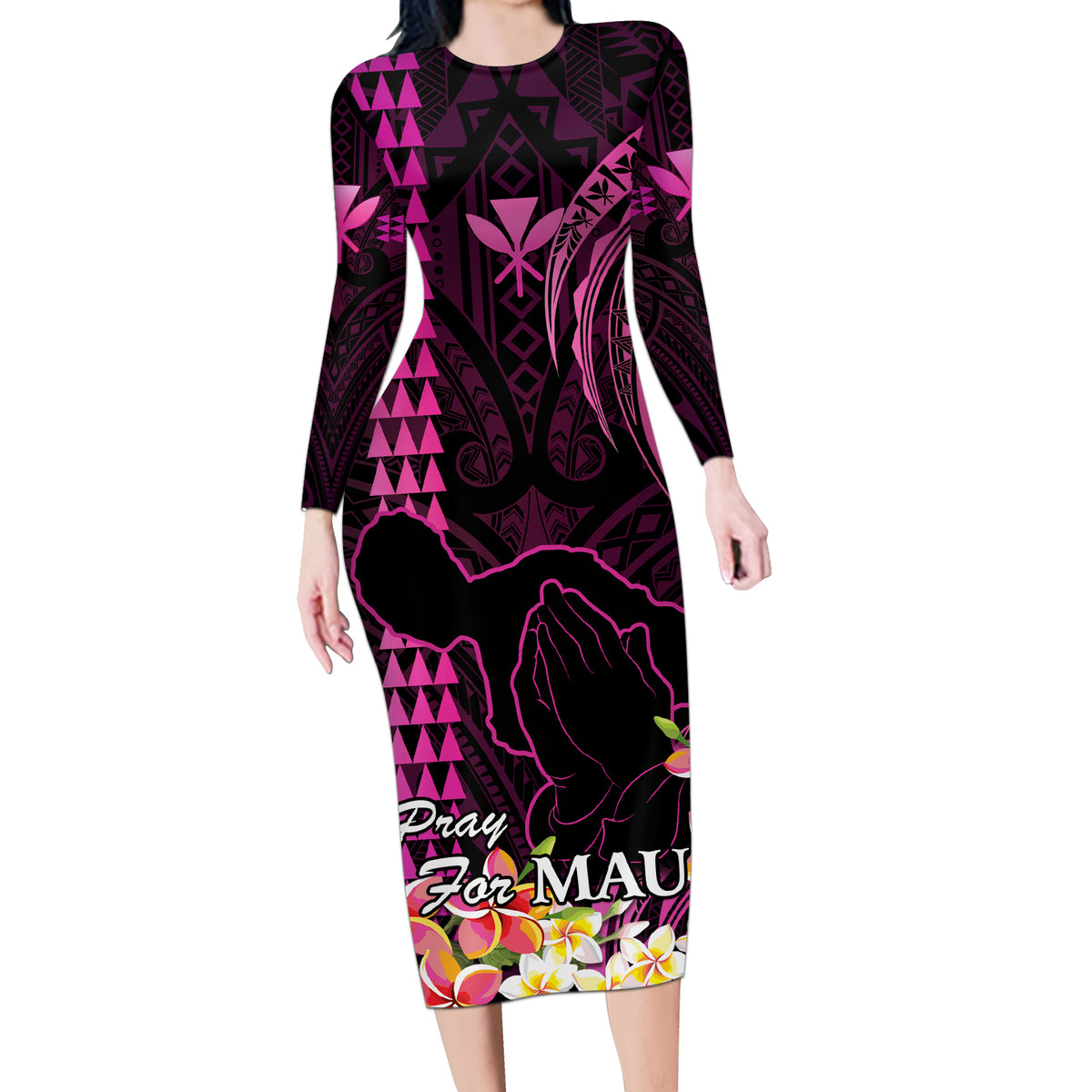 Hawaii Long Sleeve Bodycon Dress Pray For Maui Hawaiian Plumeria Be Strong Pink Verison - Wonder Print Shop