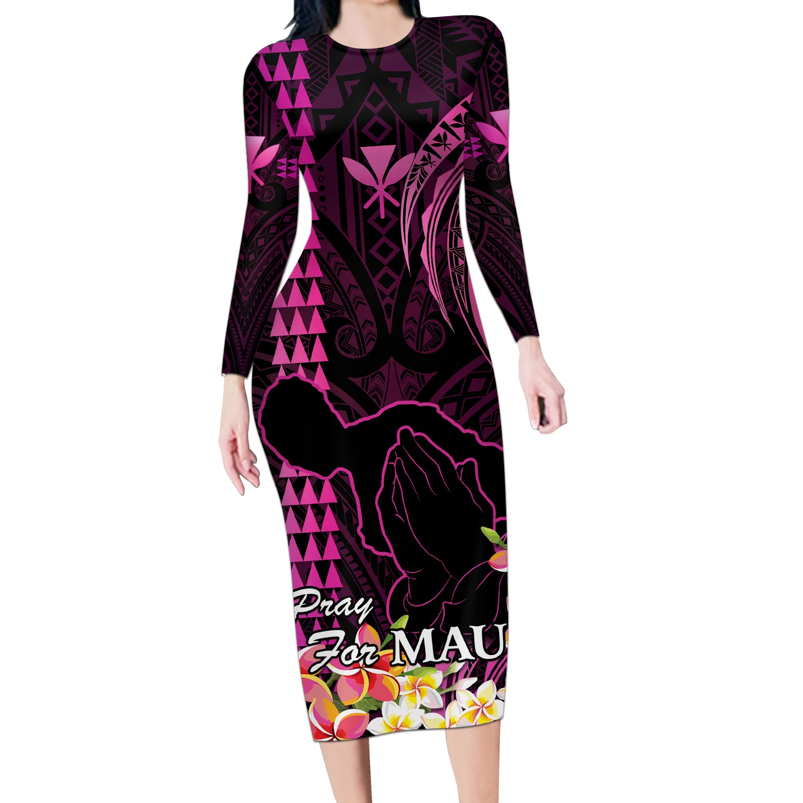 Hawaii Long Sleeve Bodycon Dress Pray For Maui Hawaiian Plumeria Be Strong Pink Verison - Wonder Print Shop
