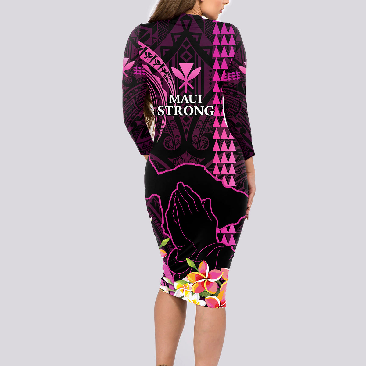 Hawaii Long Sleeve Bodycon Dress Pray For Maui Hawaiian Plumeria Be Strong Pink Verison - Wonder Print Shop