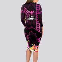 Hawaii Long Sleeve Bodycon Dress Pray For Maui Hawaiian Plumeria Be Strong Pink Verison - Wonder Print Shop