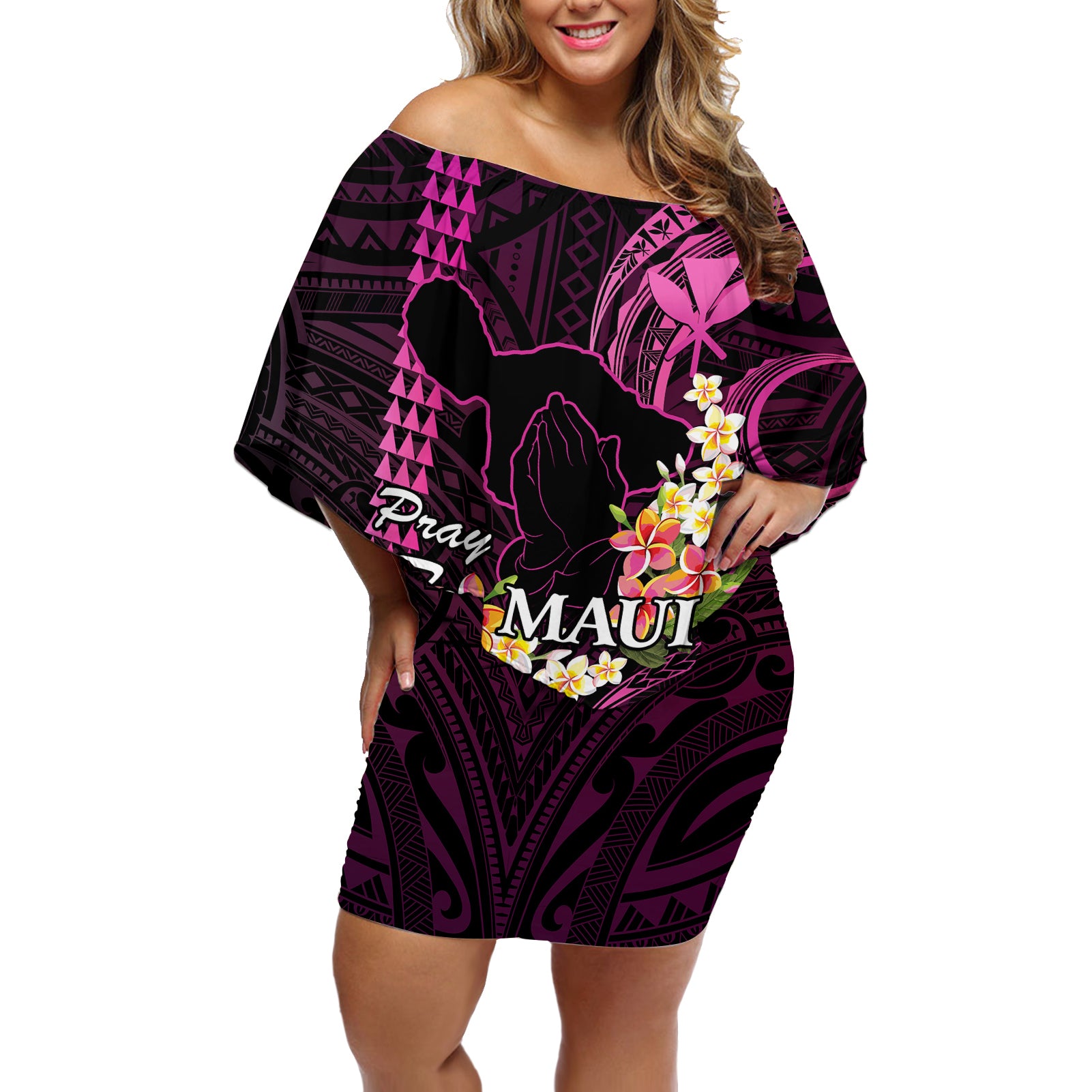 Hawaii Off Shoulder Short Dress Pray For Maui Hawaiian Plumeria Be Strong Pink Verison - Wonder Print Shop