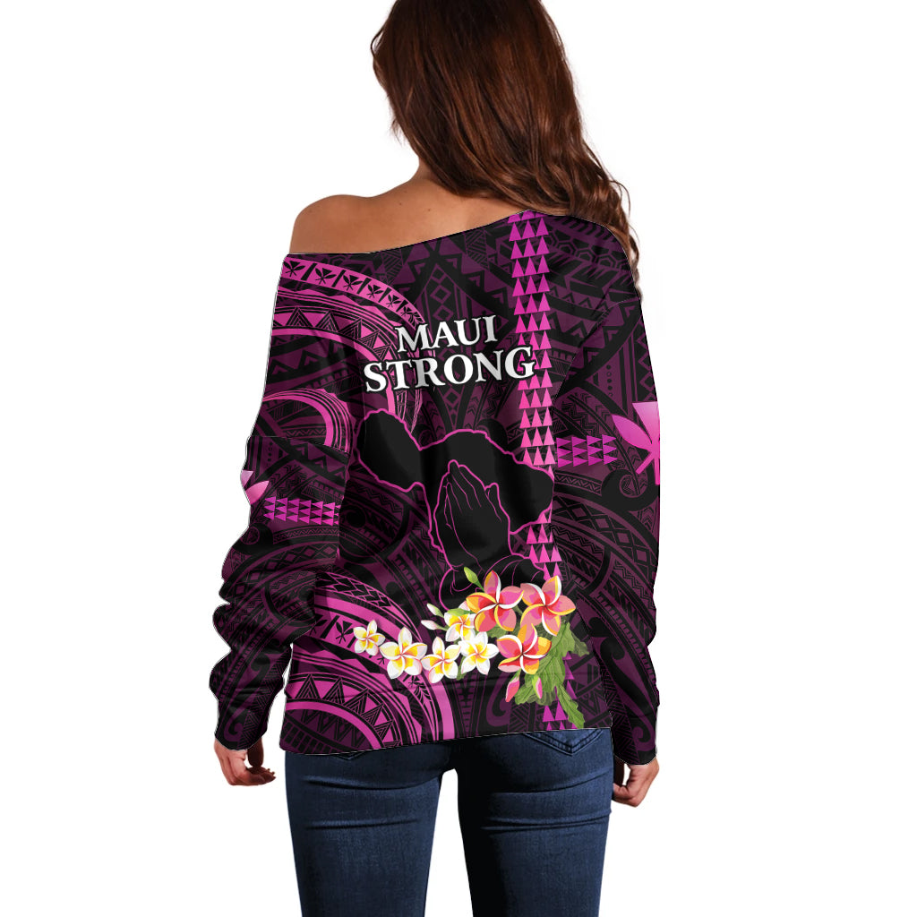 Hawaii Off Shoulder Sweater Pray For Maui Hawaiian Plumeria Be Strong Pink Verison - Wonder Print Shop