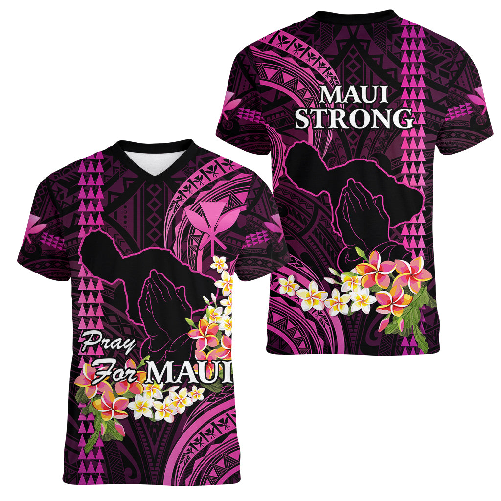 Hawaii Women V Neck T Shirt Pray For Maui Hawaiian Plumeria Be Strong Pink Verison - Wonder Print Shop