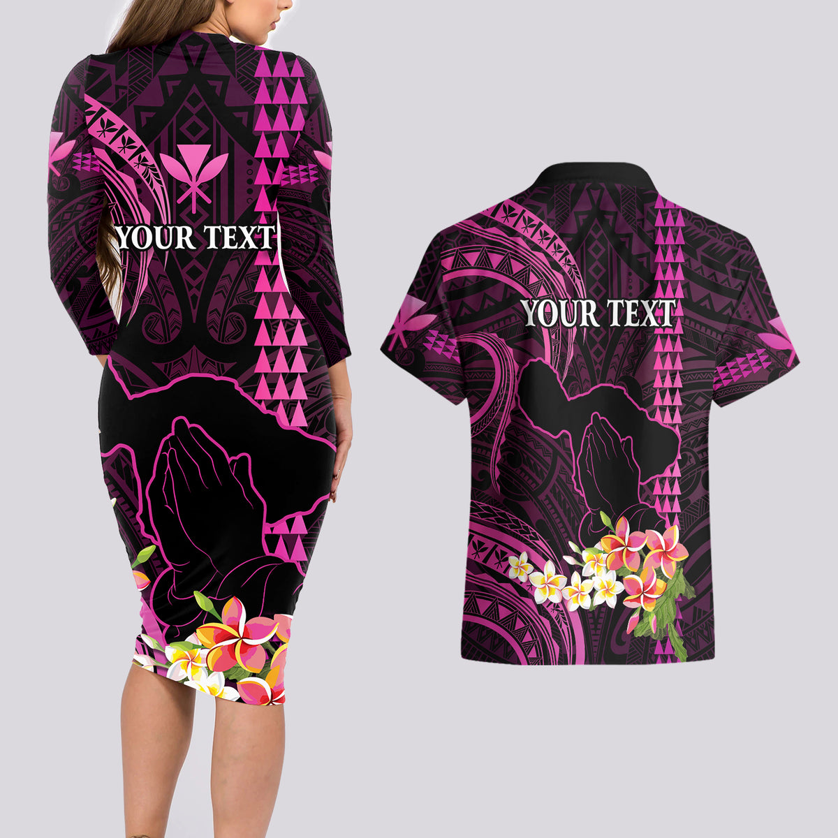 Personalised Hawaii Couples Matching Long Sleeve Bodycon Dress and Hawaiian Shirt Pray For Maui Hawaiian Plumeria Be Strong Pink Verison - Wonder Print Shop