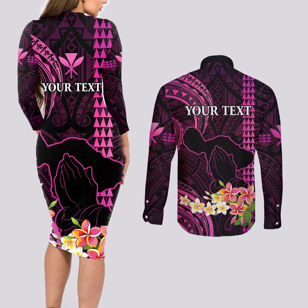 Personalised Hawaii Couples Matching Long Sleeve Bodycon Dress and Long Sleeve Button Shirts Pray For Maui Hawaiian Plumeria Be Strong Pink Verison - Wonder Print Shop