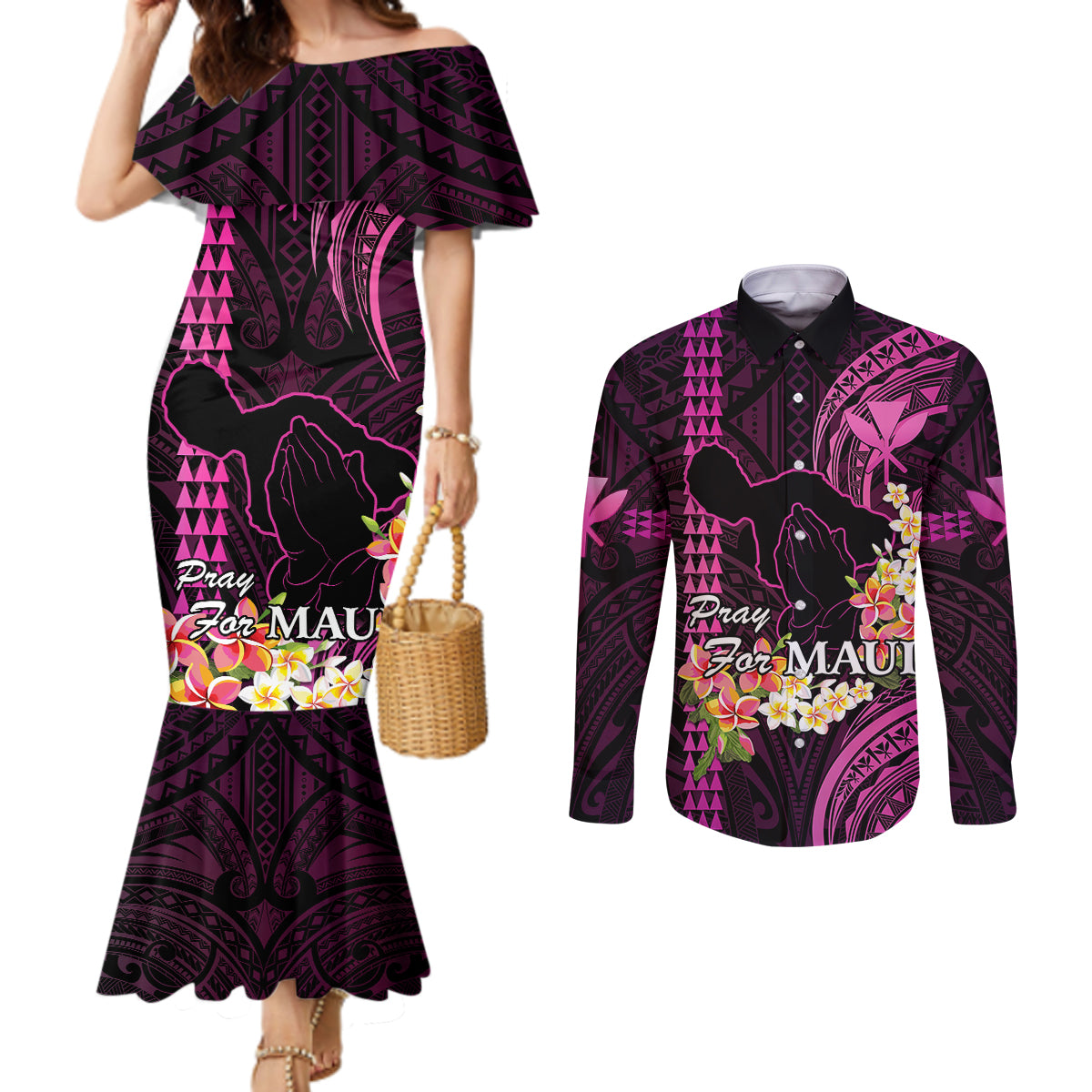 personalised-hawaii-couples-matching-mermaid-dress-and-long-sleeve-button-shirts-pray-for-maui-hawaiian-plumeria-be-strong-pink-verison
