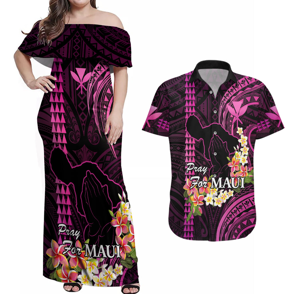 Personalised Hawaii Couples Matching Off Shoulder Maxi Dress and Hawaiian Shirt Pray For Maui Hawaiian Plumeria Be Strong Pink Verison - Wonder Print Shop