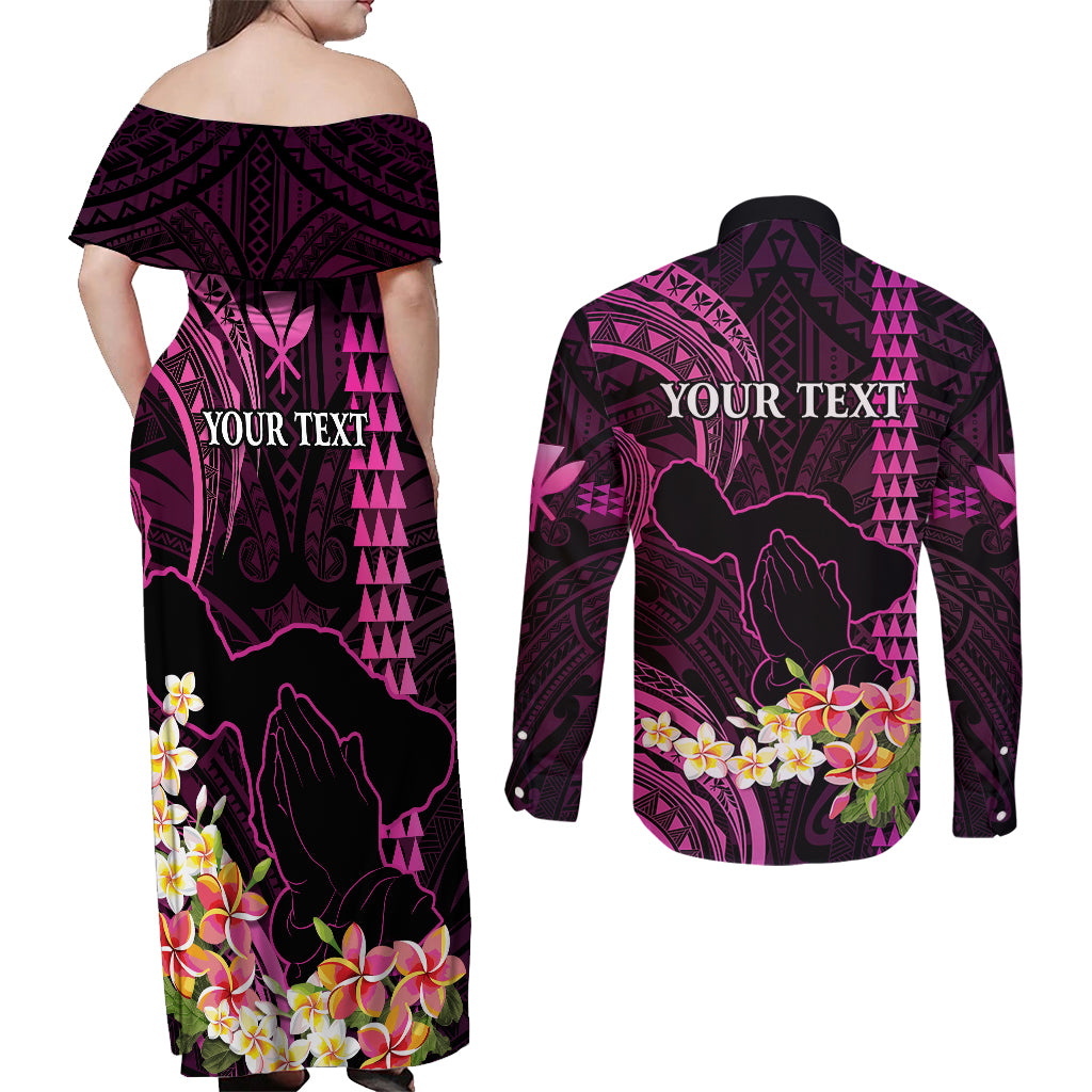 Personalised Hawaii Couples Matching Off Shoulder Maxi Dress and Long Sleeve Button Shirts Pray For Maui Hawaiian Plumeria Be Strong Pink Verison - Wonder Print Shop