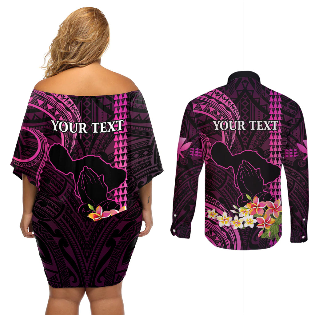 Personalised Hawaii Couples Matching Off Shoulder Short Dress and Long Sleeve Button Shirts Pray For Maui Hawaiian Plumeria Be Strong Pink Verison - Wonder Print Shop