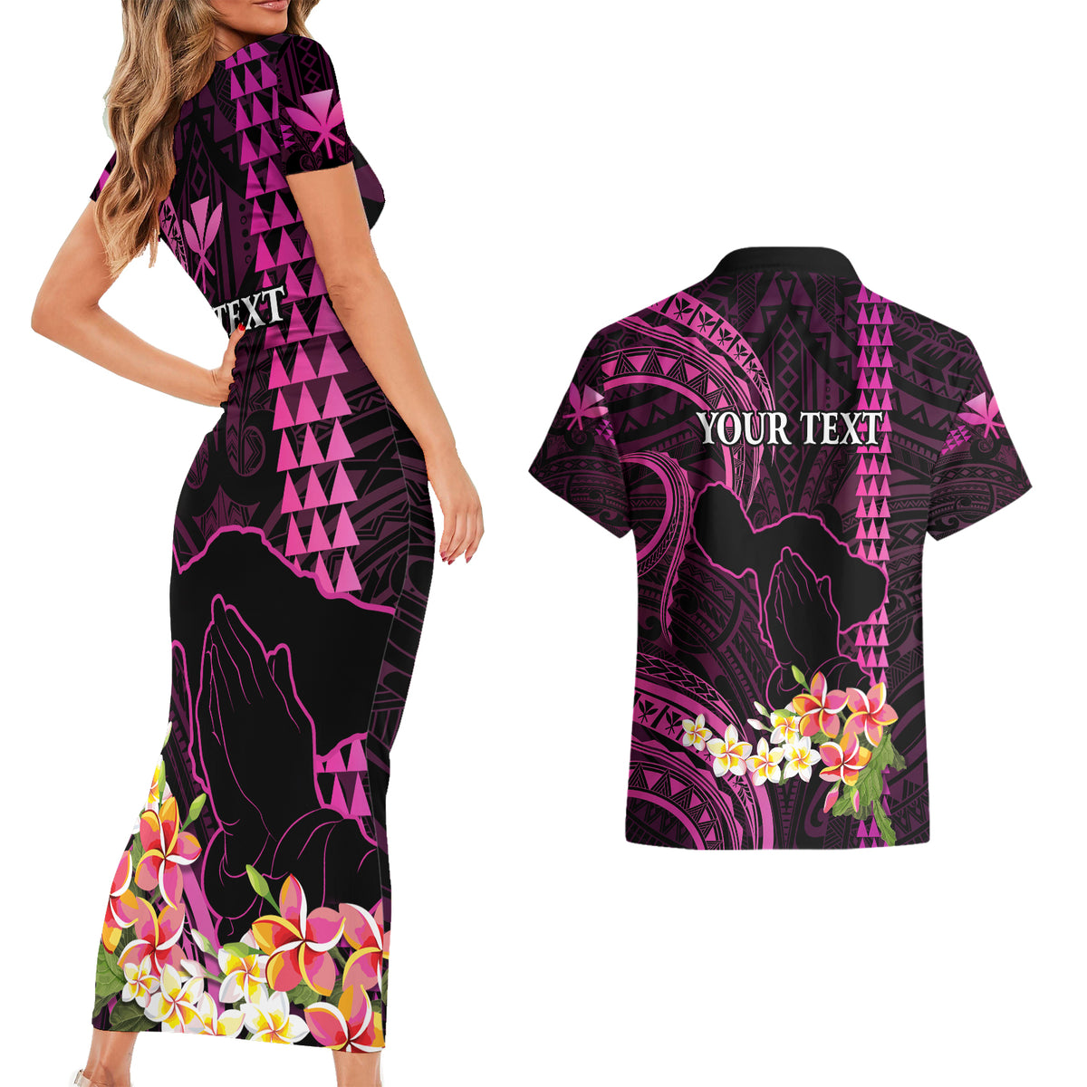 Personalised Hawaii Couples Matching Short Sleeve Bodycon Dress and Hawaiian Shirt Pray For Maui Hawaiian Plumeria Be Strong Pink Verison - Wonder Print Shop