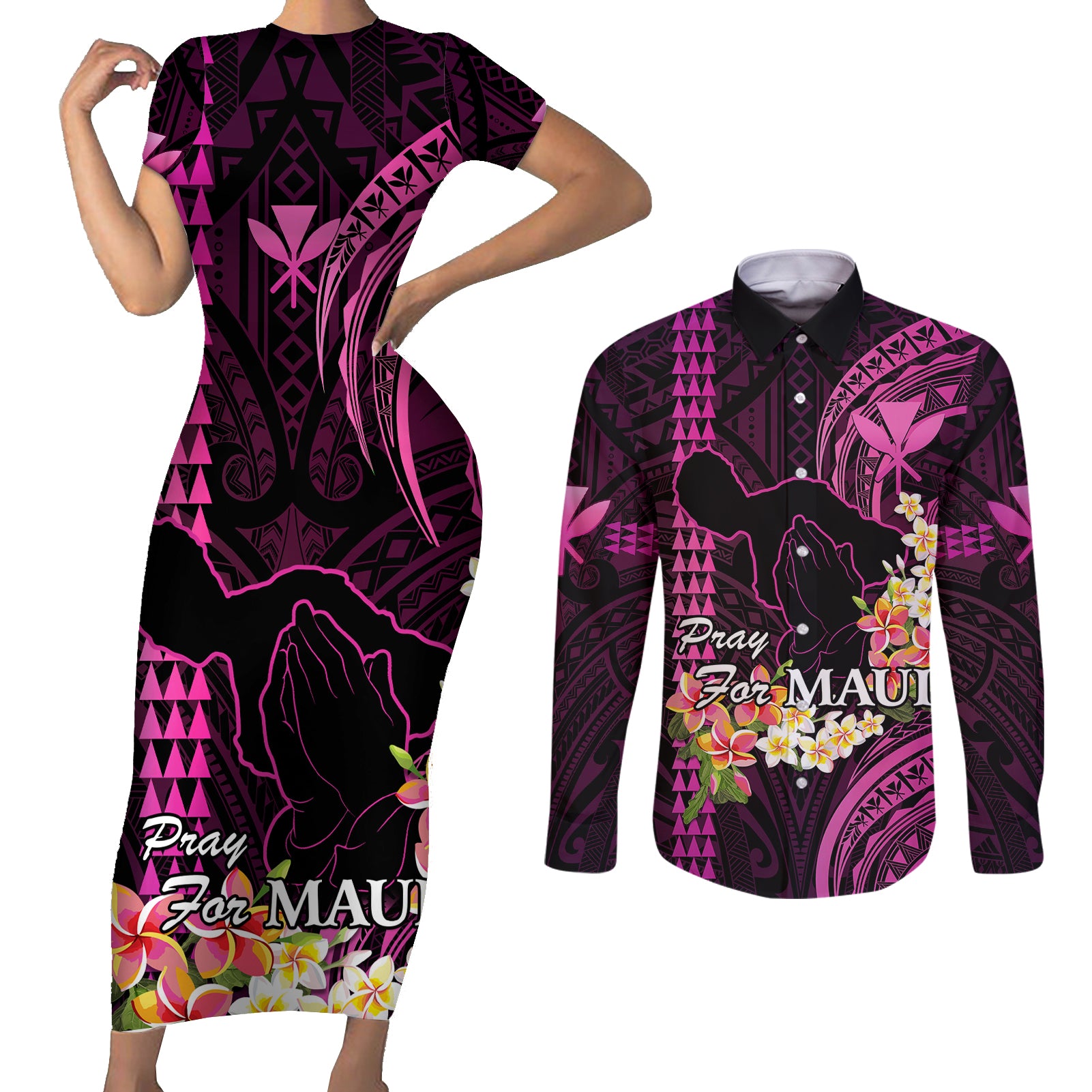 Personalised Hawaii Couples Matching Short Sleeve Bodycon Dress and Long Sleeve Button Shirts Pray For Maui Hawaiian Plumeria Be Strong Pink Verison - Wonder Print Shop