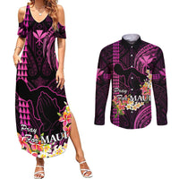 Personalised Hawaii Couples Matching Summer Maxi Dress and Long Sleeve Button Shirts Pray For Maui Hawaiian Plumeria Be Strong Pink Verison - Wonder Print Shop