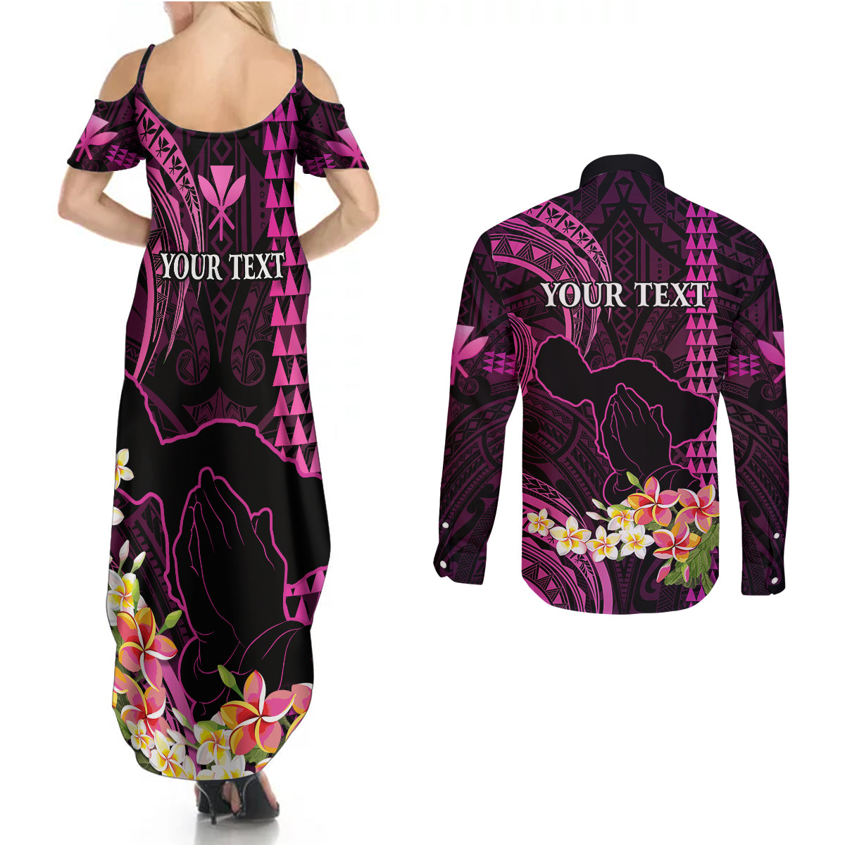 Personalised Hawaii Couples Matching Summer Maxi Dress and Long Sleeve Button Shirts Pray For Maui Hawaiian Plumeria Be Strong Pink Verison - Wonder Print Shop