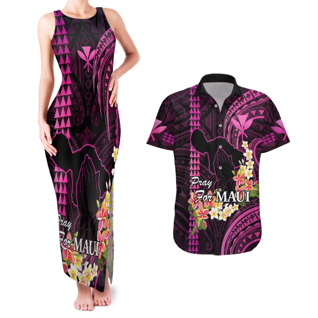 Personalised Hawaii Couples Matching Tank Maxi Dress and Hawaiian Shirt Pray For Maui Hawaiian Plumeria Be Strong Pink Verison - Wonder Print Shop